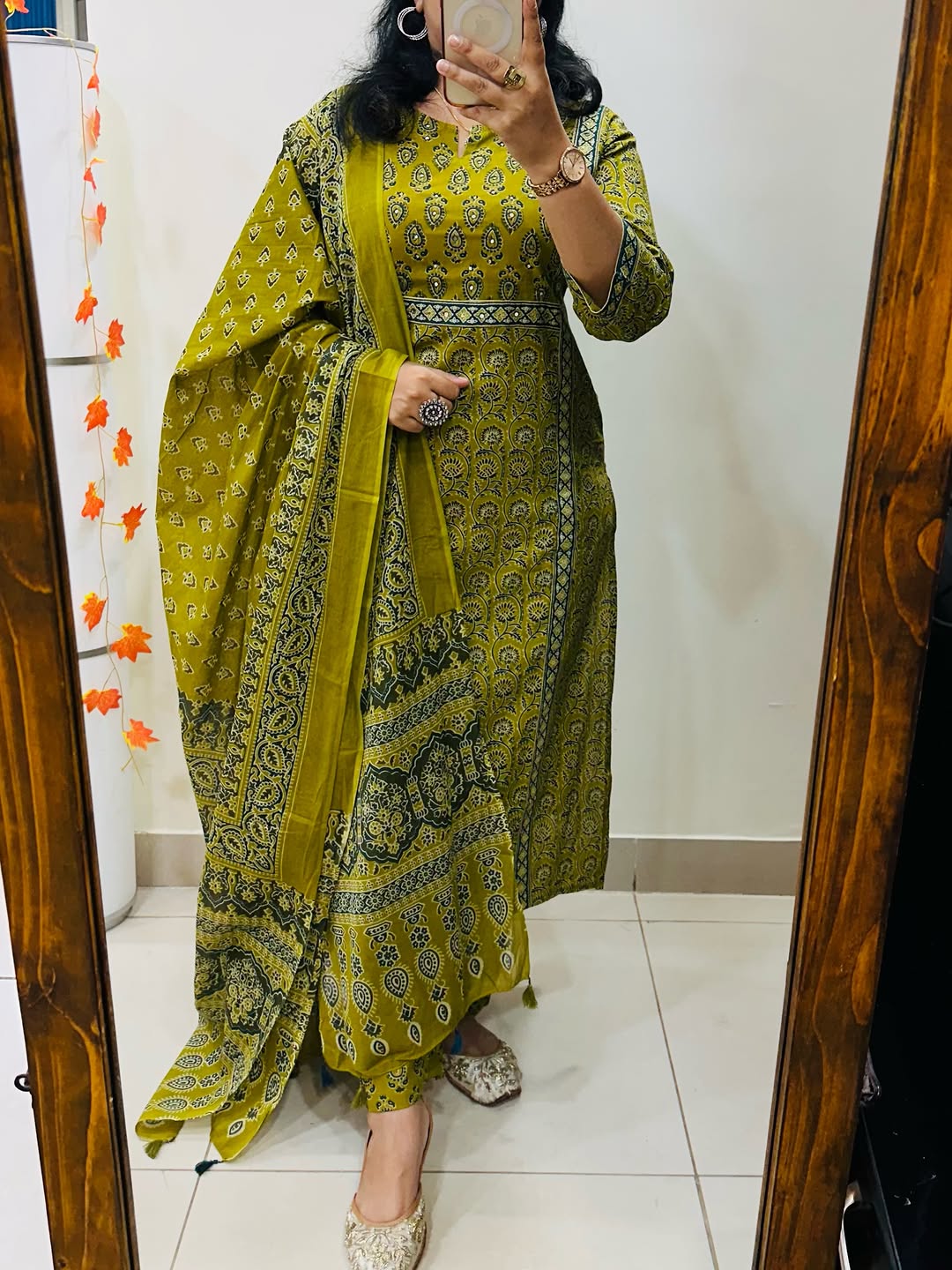 Heavy Cotton Kurti Set with Mirror Handwork, Matching Pant and Cotton Dupatta in Green