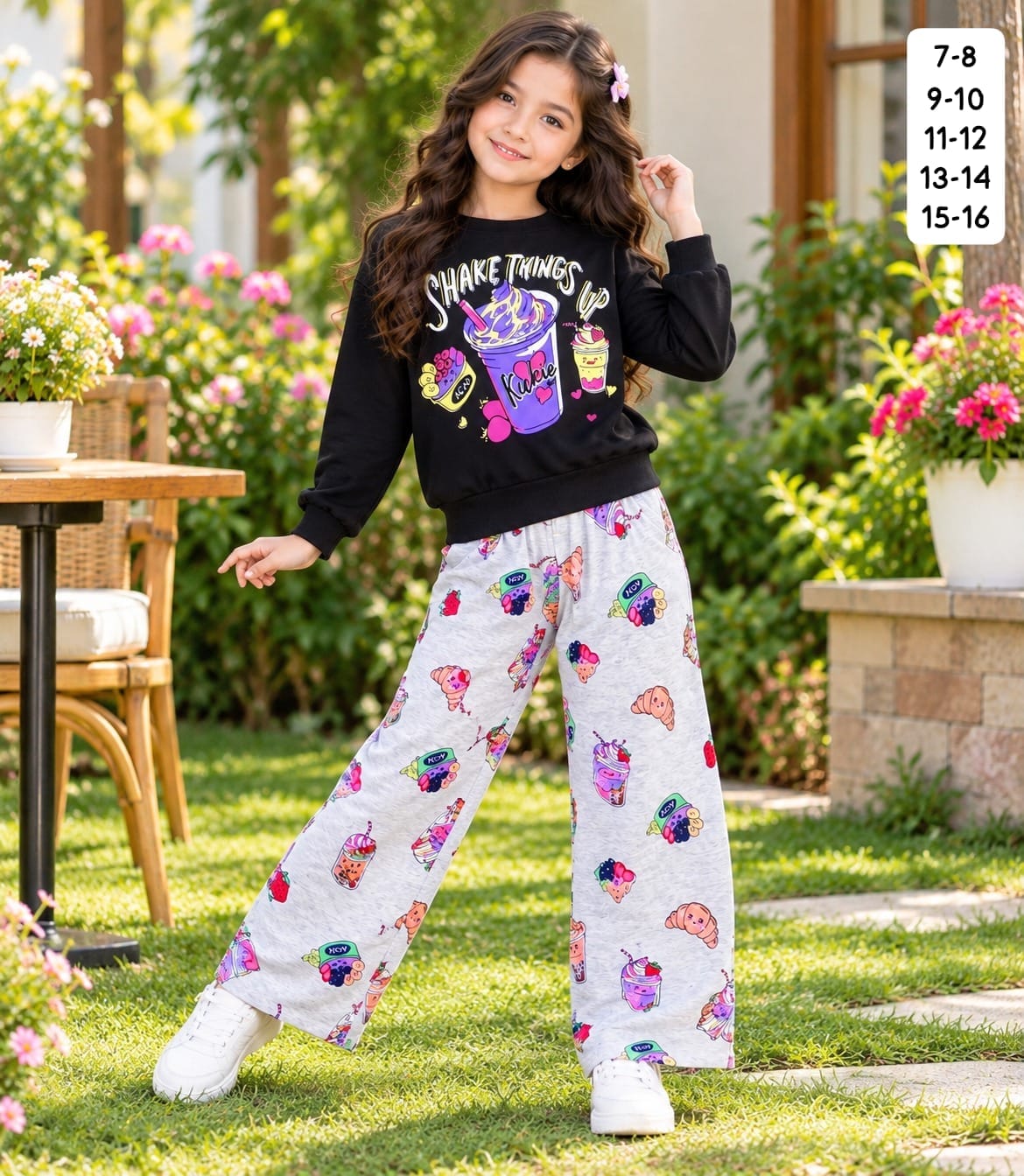 Girls Fancy Full Sleeve Sweatshirt and Printed Palazzo Pant Set in Black white