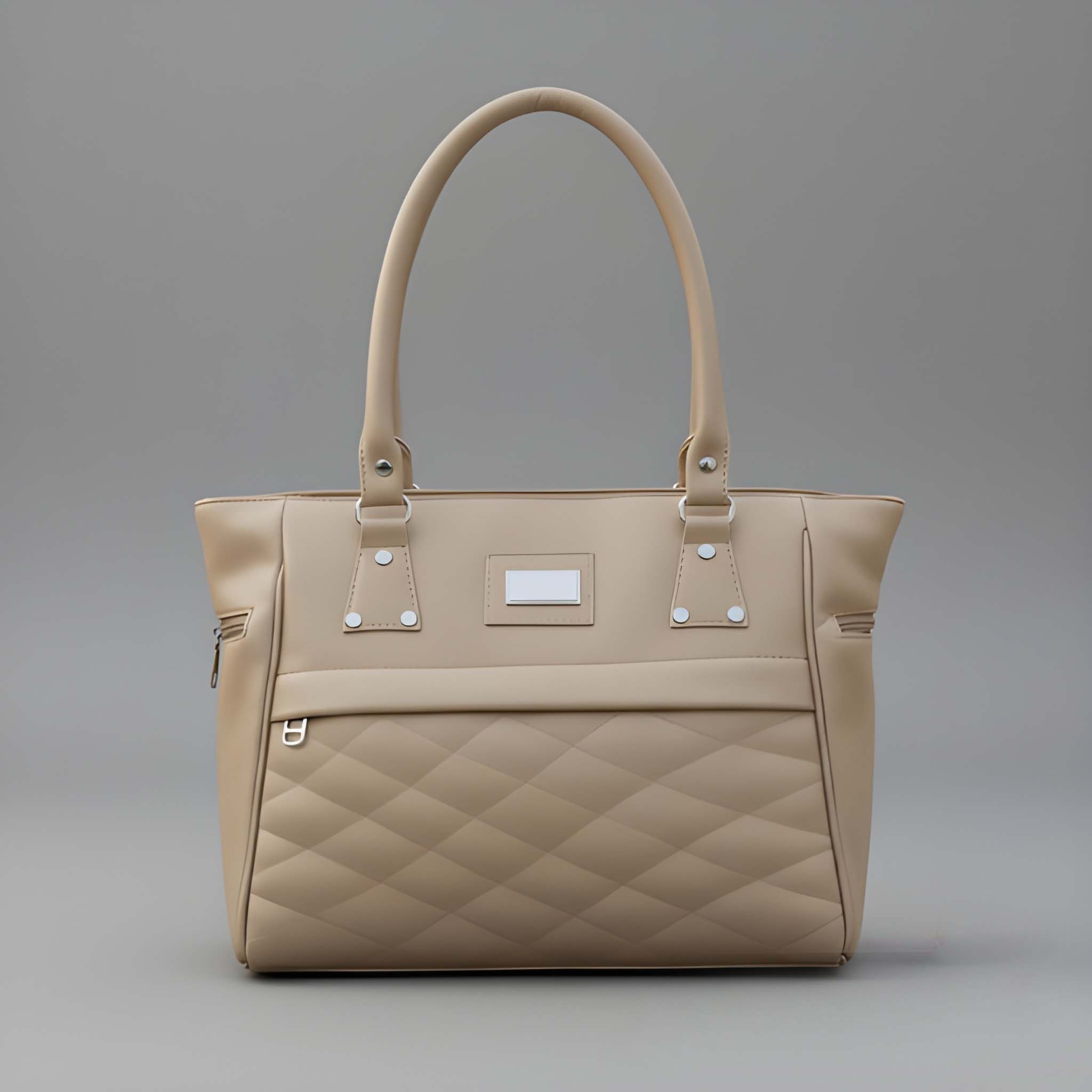 Women's Quilted-Bottom Tote with Gold Plate in Beige