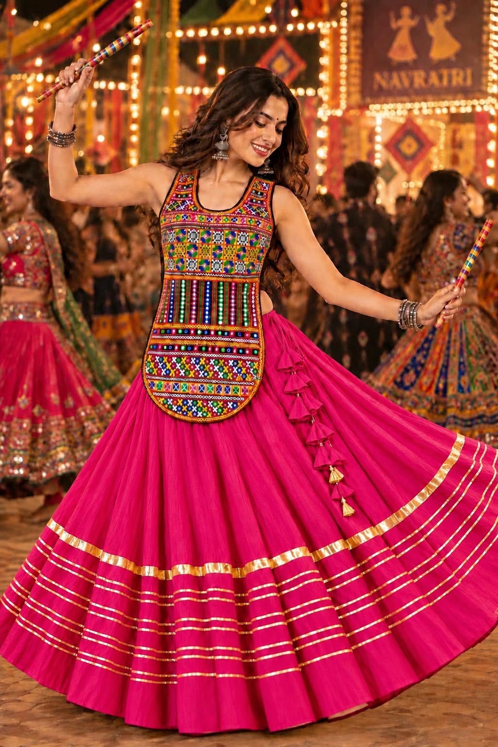 Reyon Cotton Heavy Lace Chaniya Choli with Multicolour Embroidered Blouse in Hot Pink