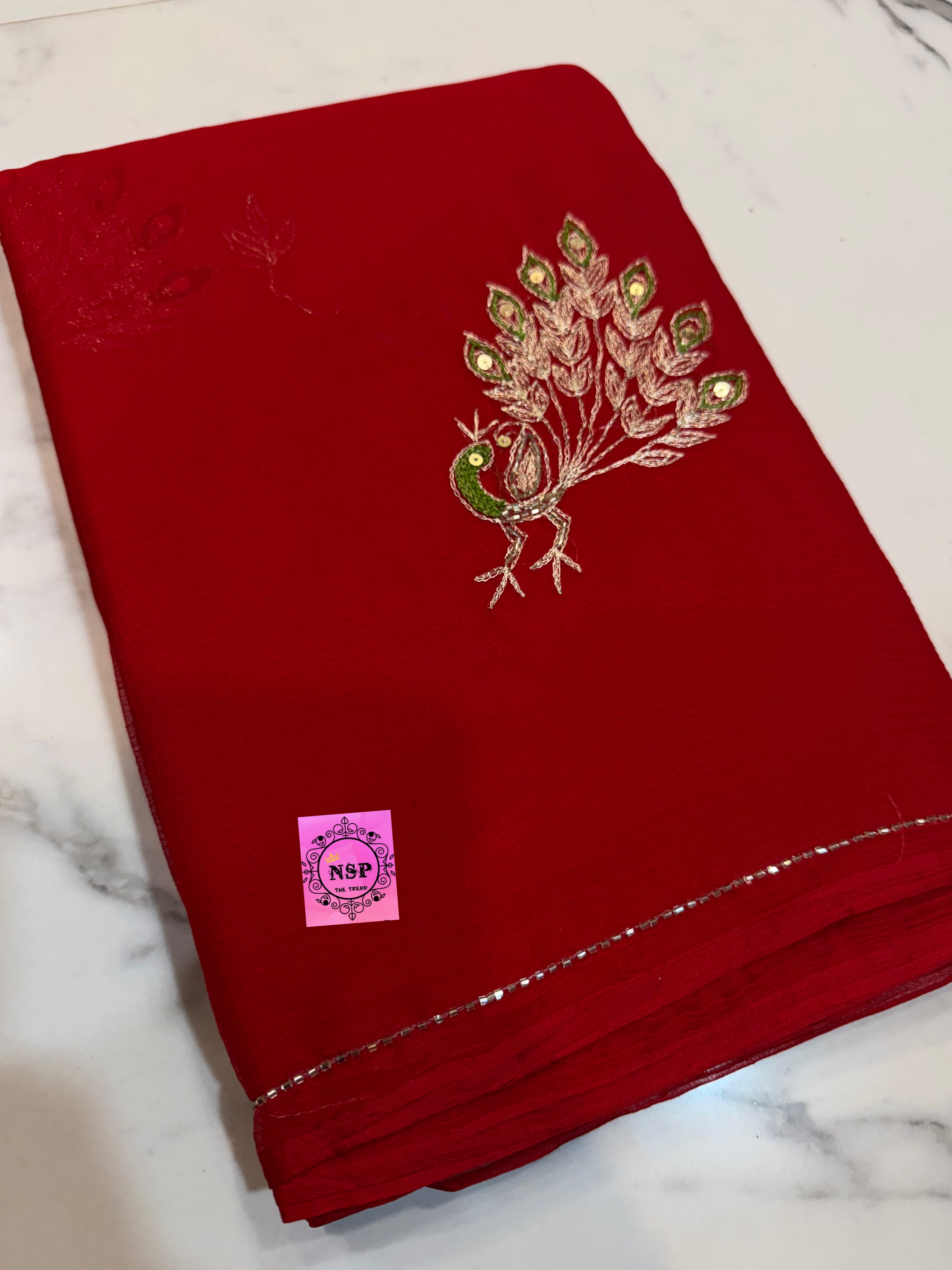 Pure Chamundi Handwork Saree with Peacock Embroidery & Embellished Border in Red