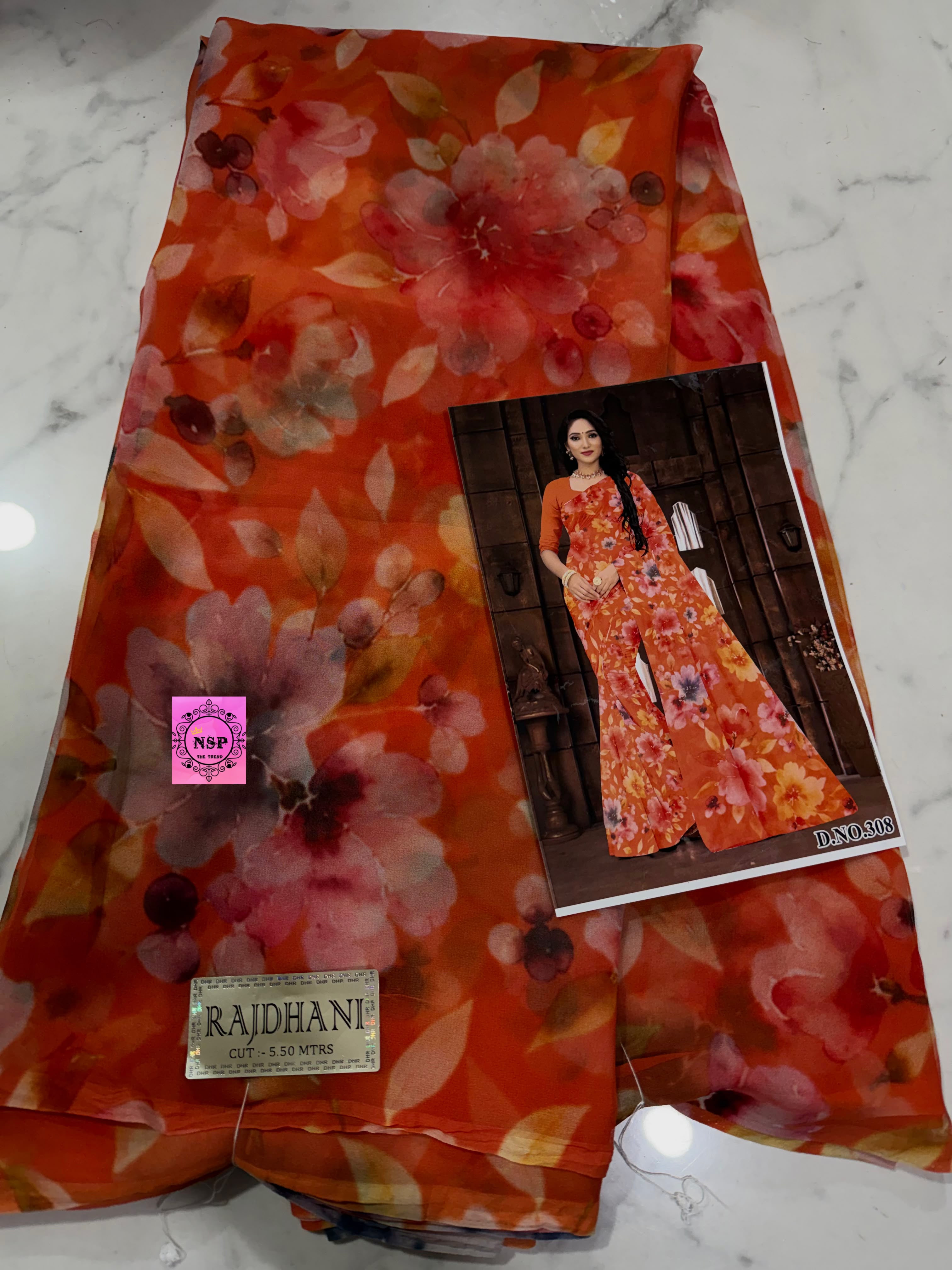 Digital Smooth Heavy Georgette Floral Print Flared Saree for women in Orange