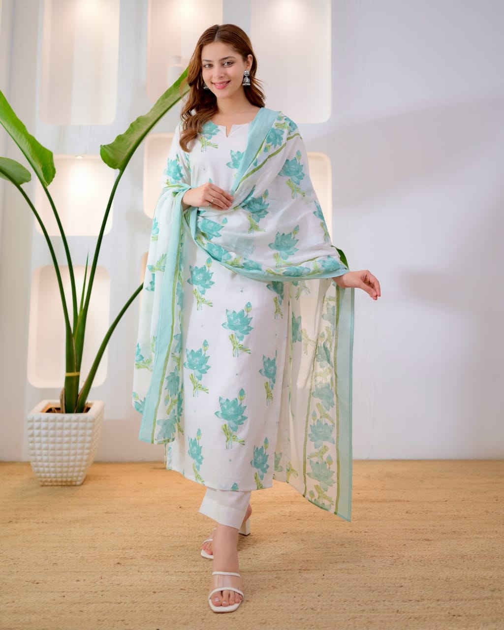 Premium 60.60 Cotton Printed Kurti Pant Set with Printed Dupatta in Blue