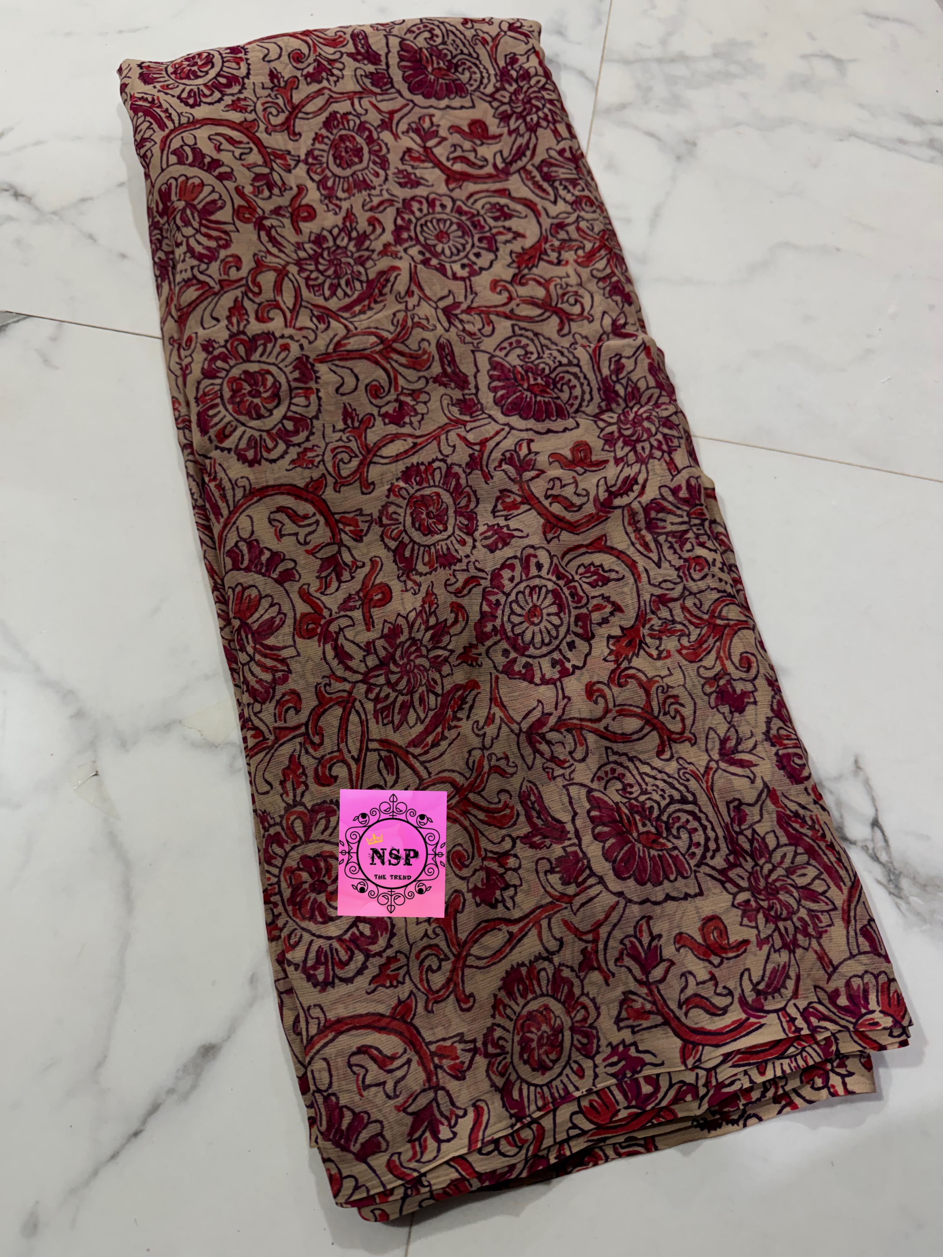 Multicolour Floral & Paisley Printed German Chiffon Saree in Rani