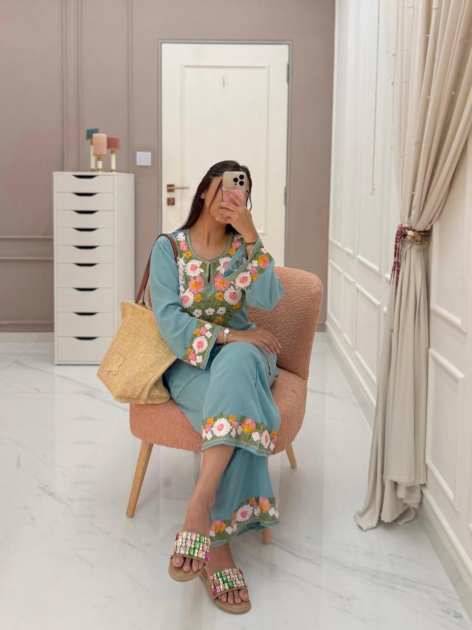 Premium Pure Cotton Embroidered Kurti with Matching Embroidered Cotton Pants – Multiple Colours in Sky