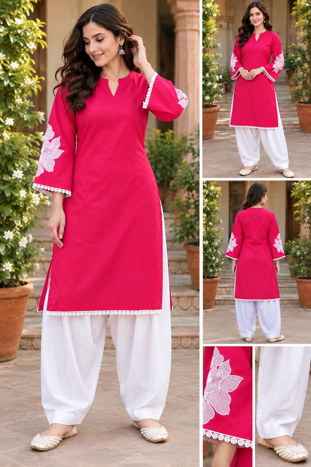 Women’s Pure Cotton Embroidered Kurti with Farshi Salwar Set in Pink