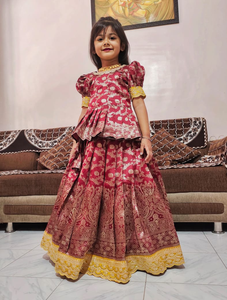 Premium Kids Pure Heavy Shimmer Silk Lehenga Choli with Zari Embroidery in Red