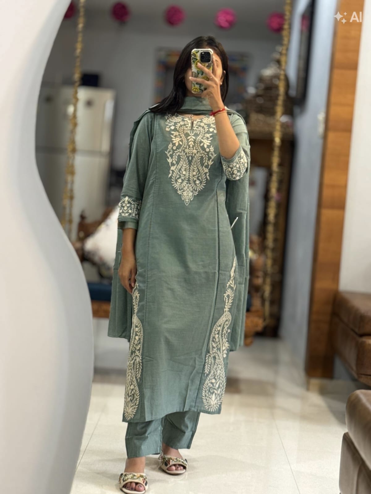 Embroidered Pure Cotton Kurti Set with Matching Cotton Pants and Dupatta – Multiple Colours in Teal Green
