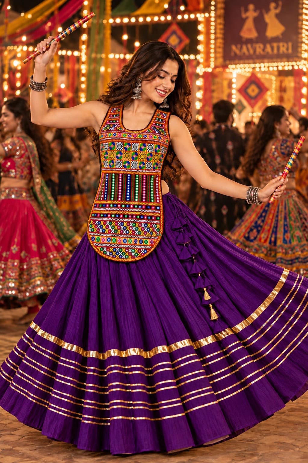 Reyon Cotton Heavy Lace Chaniya Choli with Multicolour Embroidered Blouse in Royal Purple