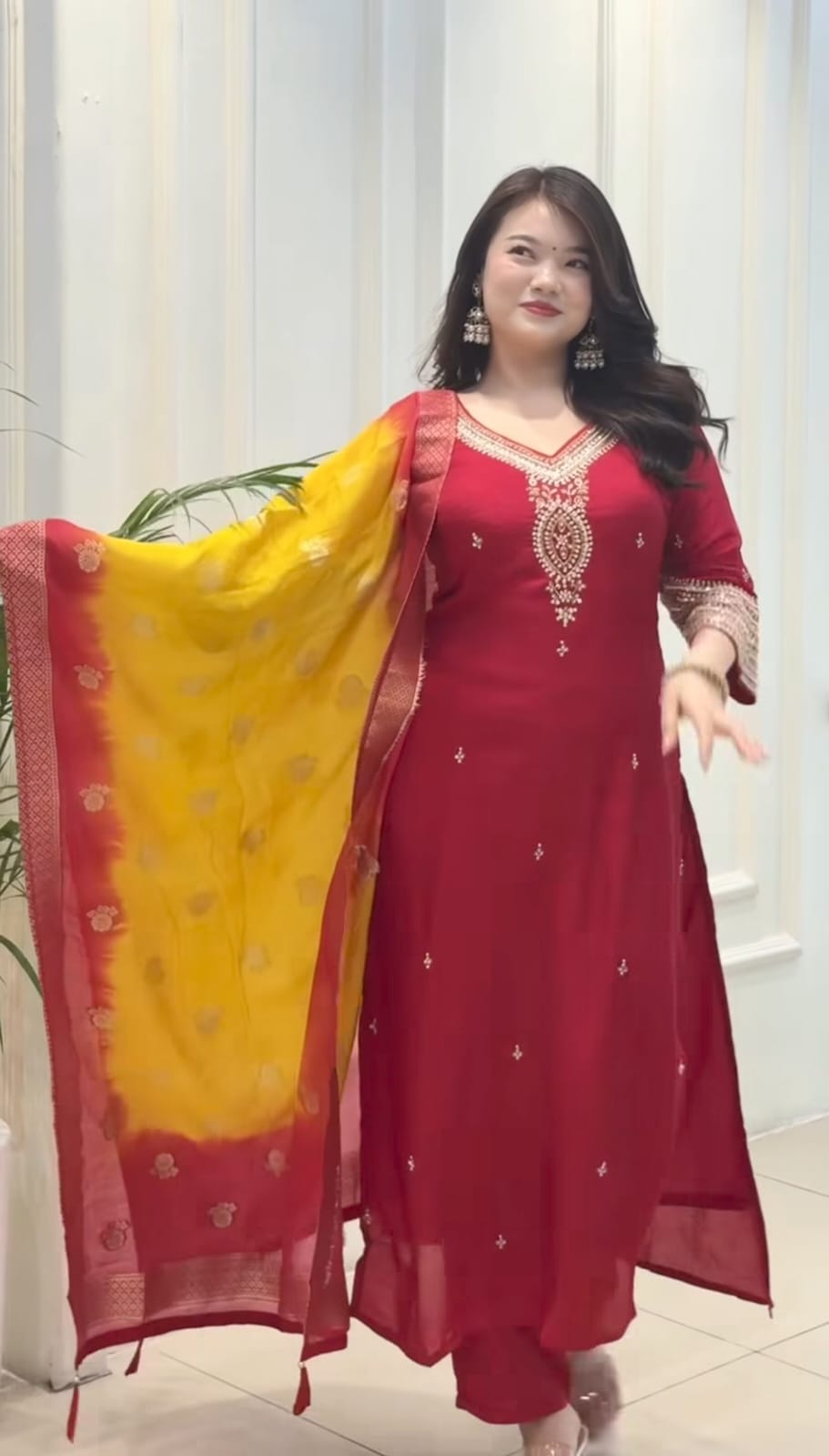 Berry Red Silk Kurta Set with Embroidered Neckline, Matching Pants and Kanjivaram Silk Dupatta