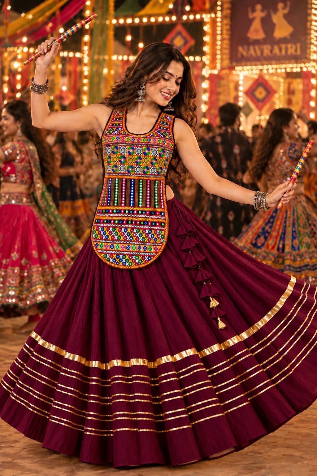 Reyon Cotton Heavy Lace Chaniya Choli with Multicolour Embroidered Blouse in Wine