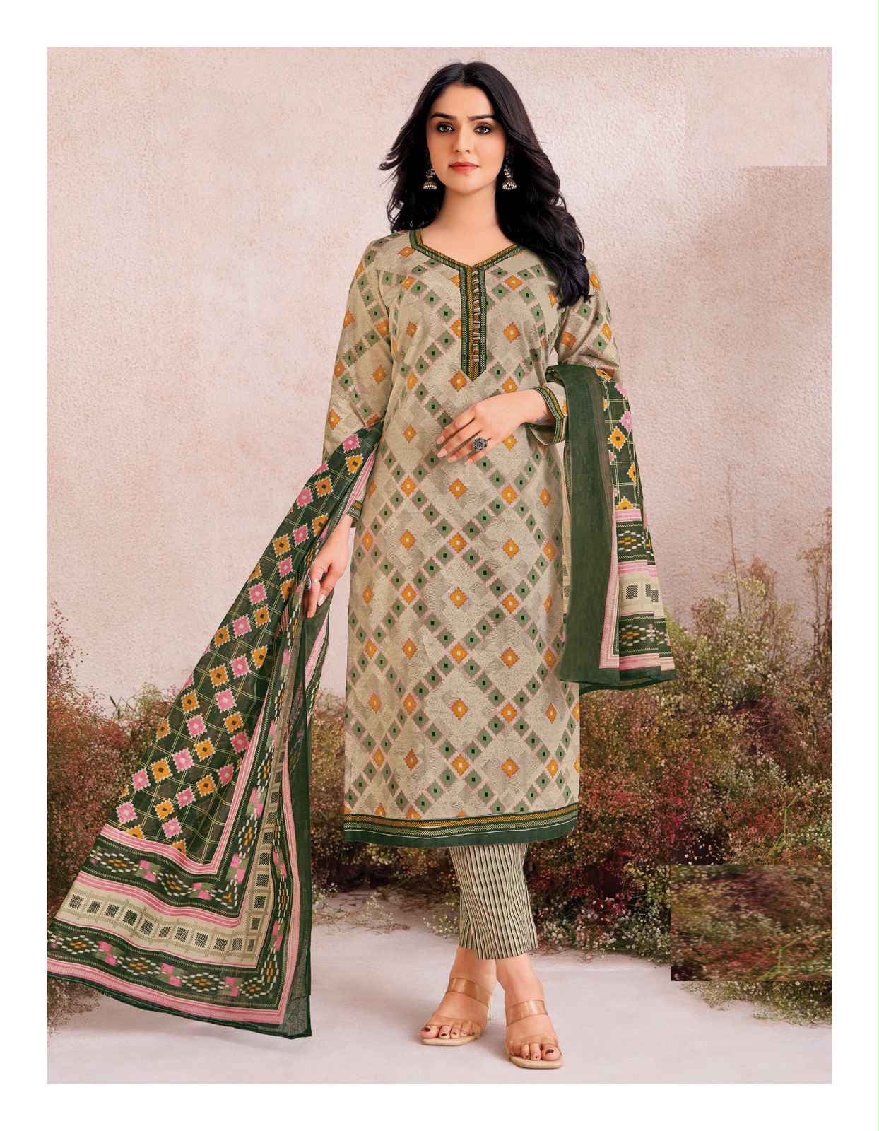 Pure Cotton Printed Dress Material Set – Beige & Green Floral Print — Beighr