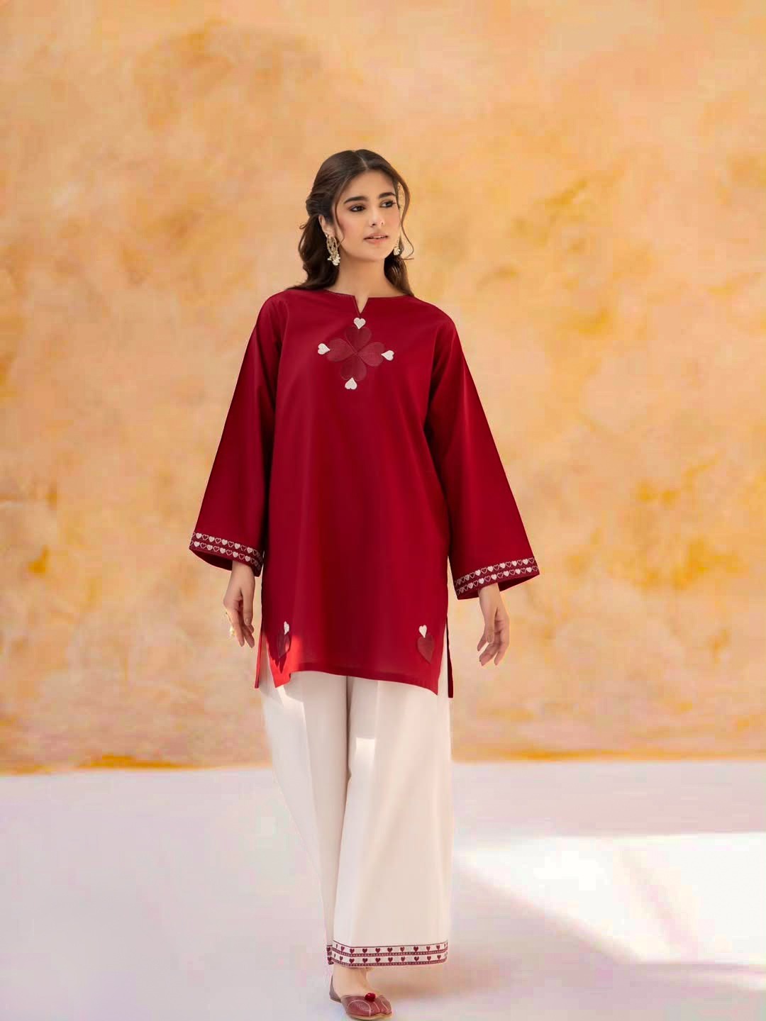 Premium Pure Cotton Hand Embroidered Kurti Pant Set in Maroon