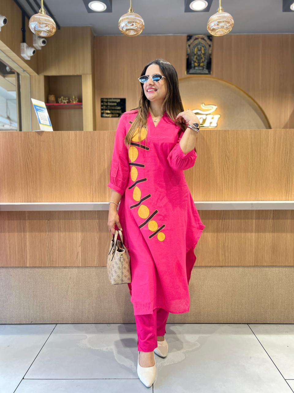 Premium Cotton Side-Cut Kurti Pant Set with Stylish Embroidery Work in Pink