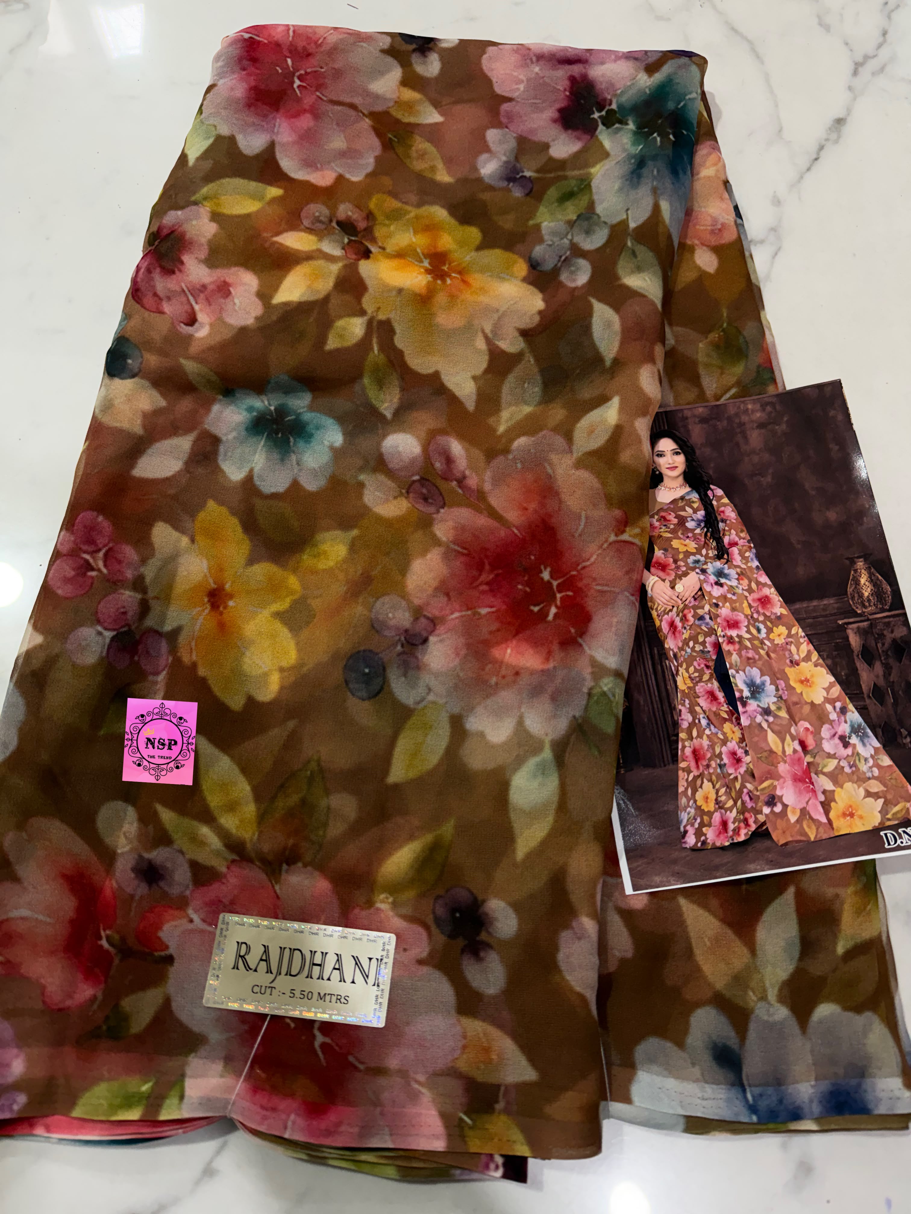 Digital Smooth Heavy Georgette Floral Print Flared Saree for women in Olive brown