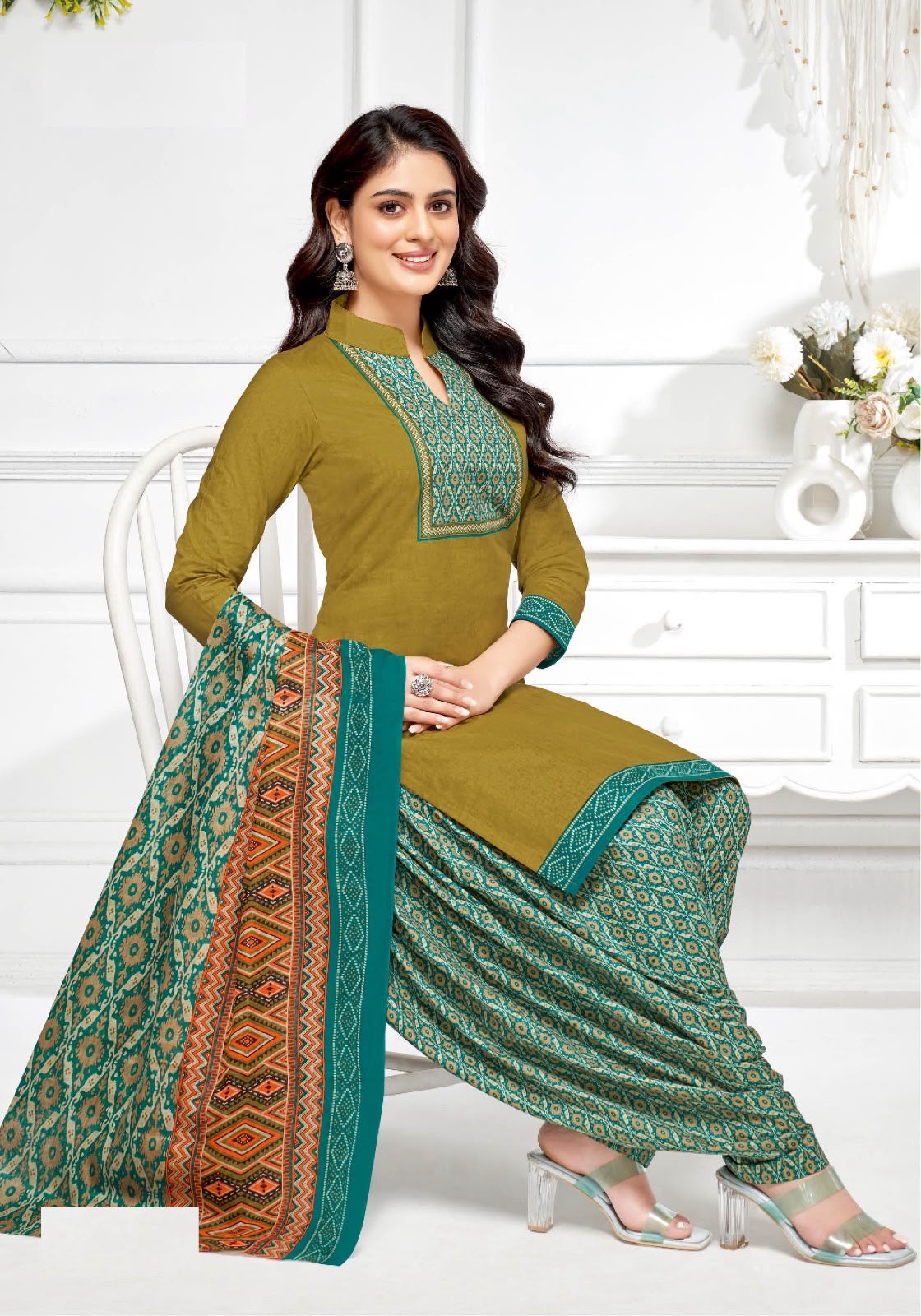 Pure Cotton Printed Dress Material Set – Olive Green & Teal Ethnic Print — Olive Green