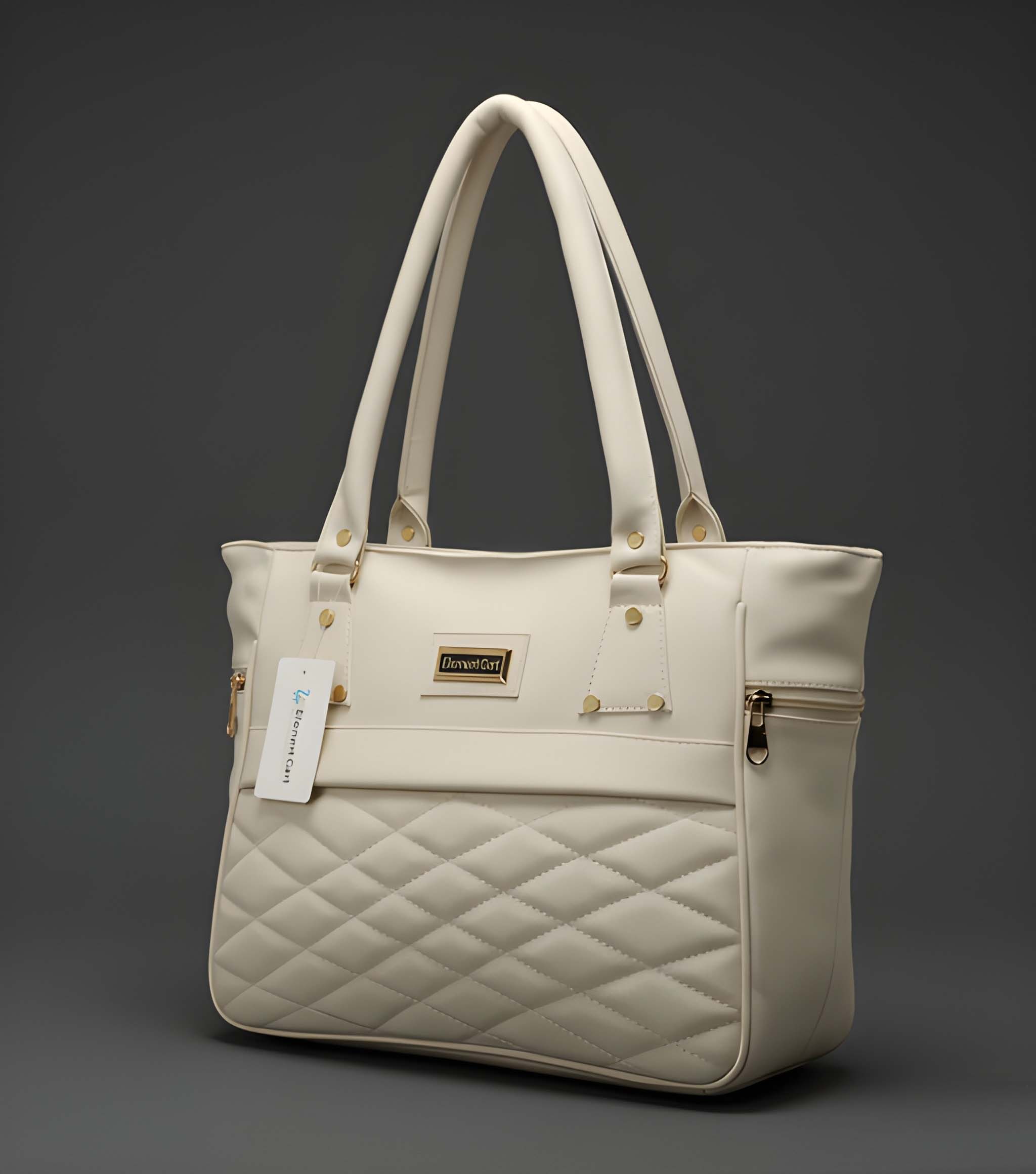 Women's Quilted-Bottom Tote with Gold Plate in Cream