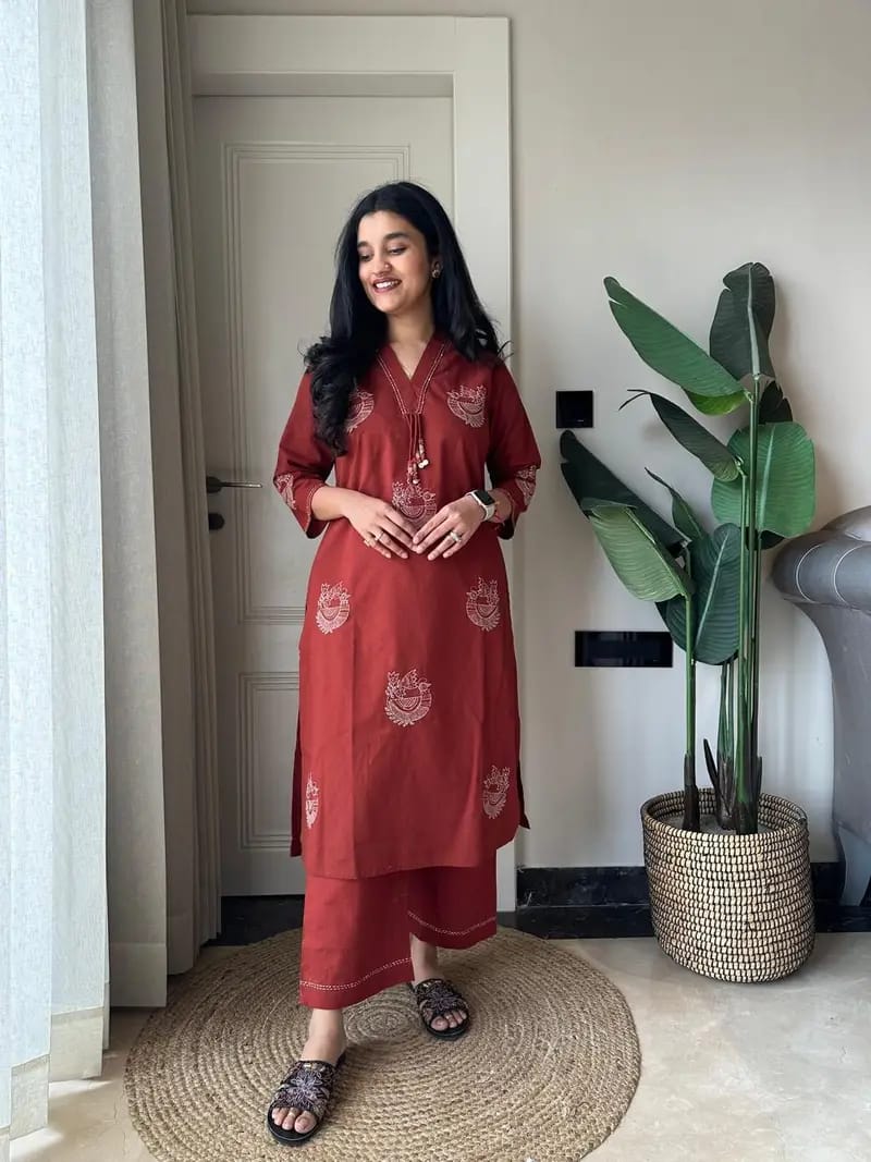 Women's Cotton Flex Kurta Pant Set with Heavy Floral Embroidery in Maroon