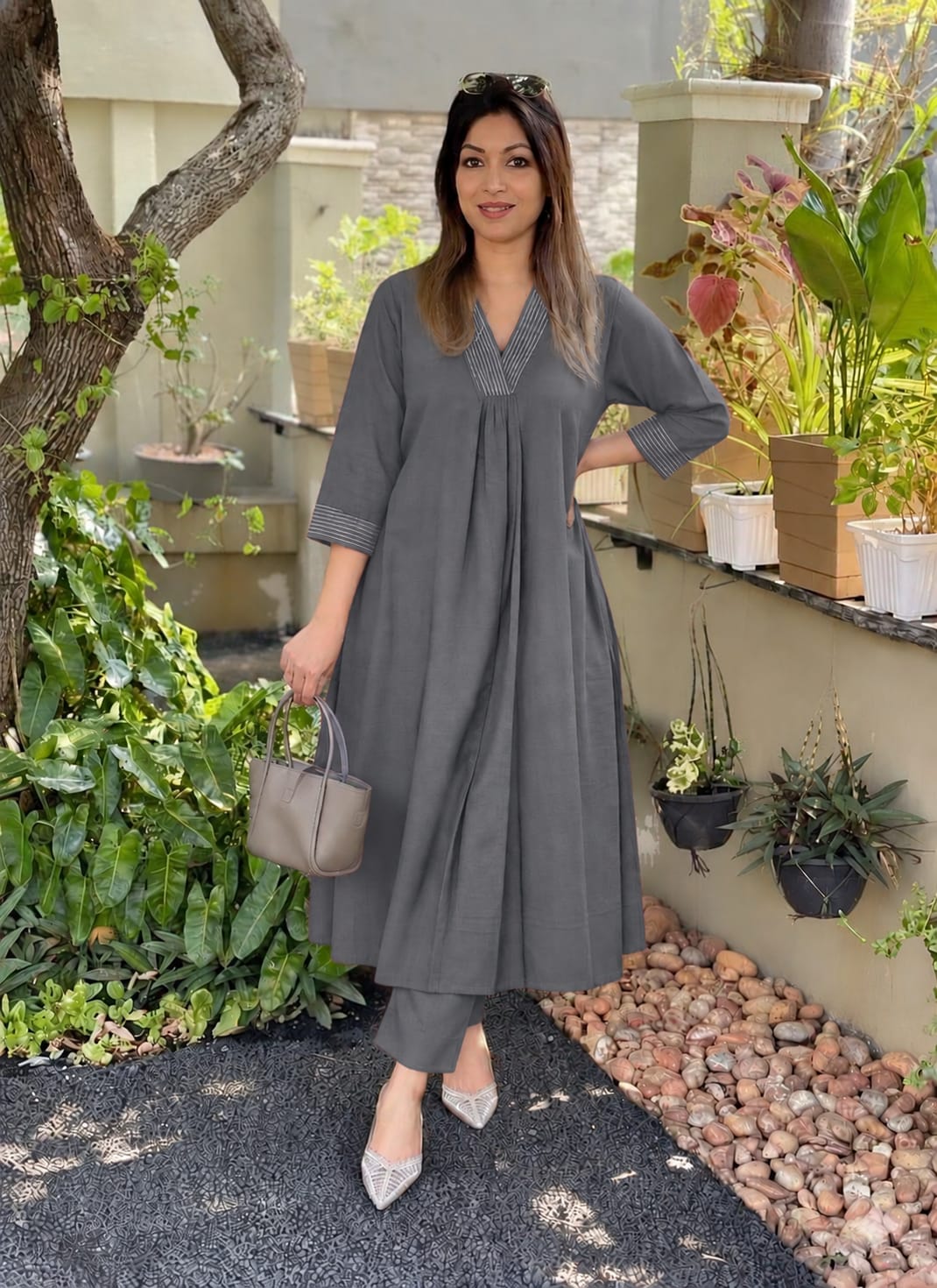 Premium Cotton Flex Anarkali-Style Kurta Pant Co-Ord Set with Tagai Neck Work in Charcoal Grey