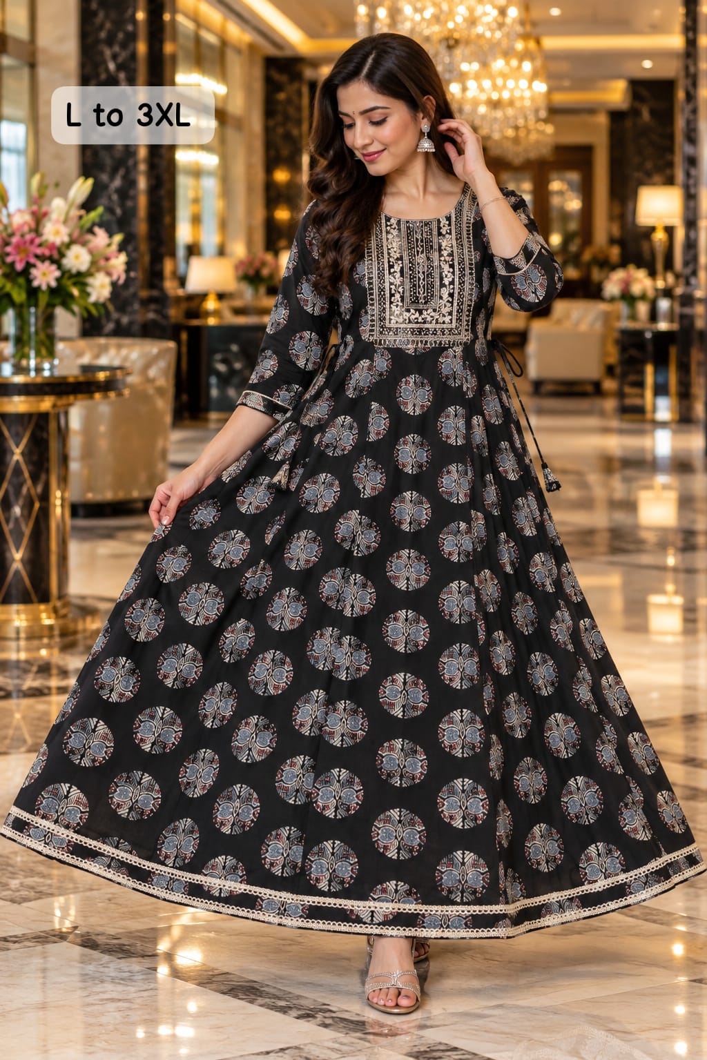 Women’s Printed Cotton Anarkali Kurti with Embroidered Neckline & Lace Border in Black