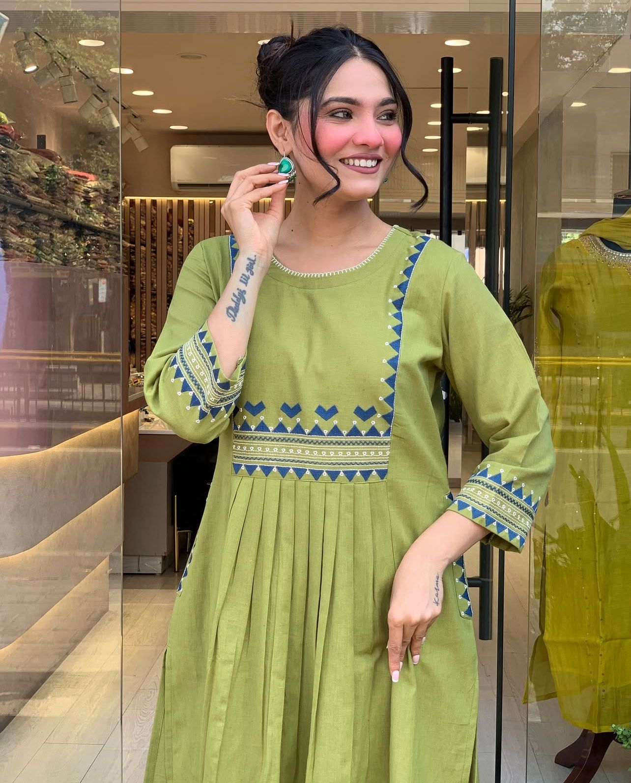 Premium Cotton Flared Kurti Pant Set with Front & Back Embroidery Work in Pistachio Green