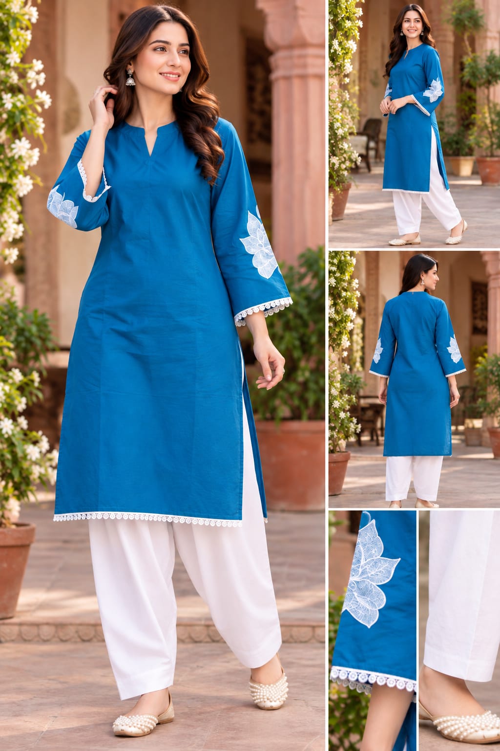 Women’s Pure Cotton Embroidered Kurti with Farshi Salwar Set in Blue