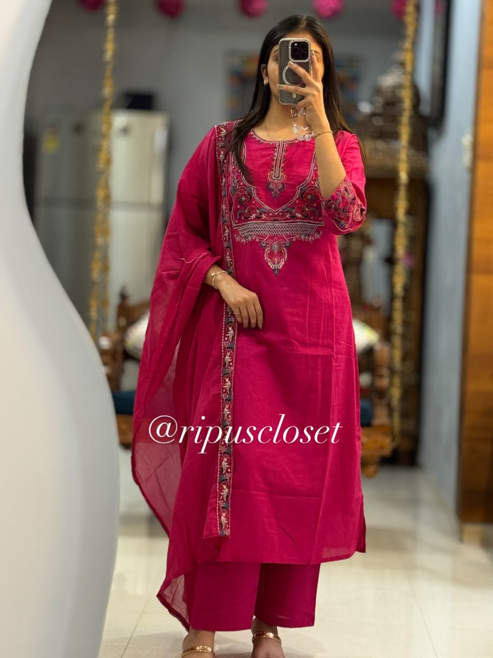 Premium Cotton 60x60 Mughal Kalamkari Fusion Embroidered Kurta Pant & Dupatta Set in Pink