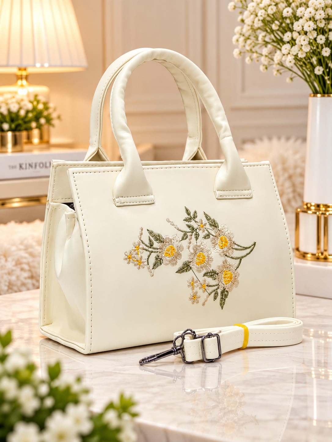 Premium PU Leather Floral Embroidered Hand & Sling Bag in Cream