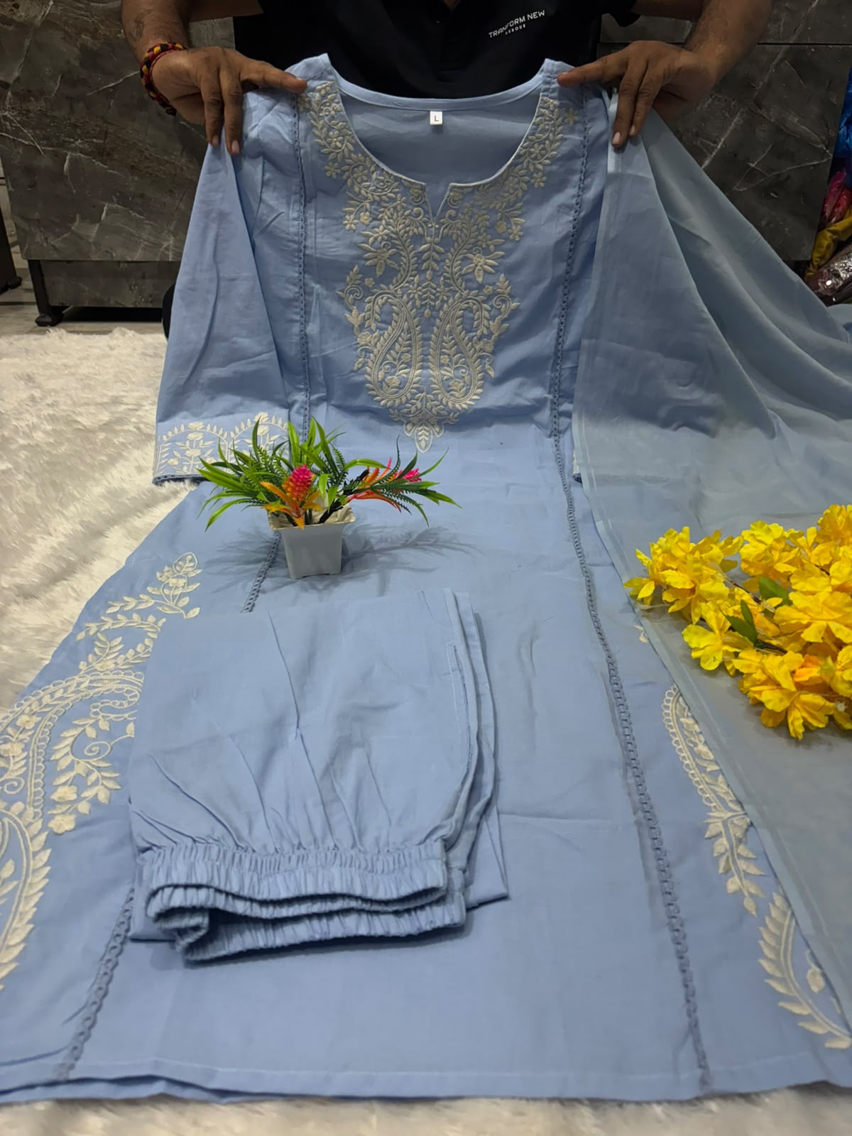 Embroidered Pure Cotton Kurti Set with Matching Cotton Pants and Dupatta – Multiple Colours in Blue