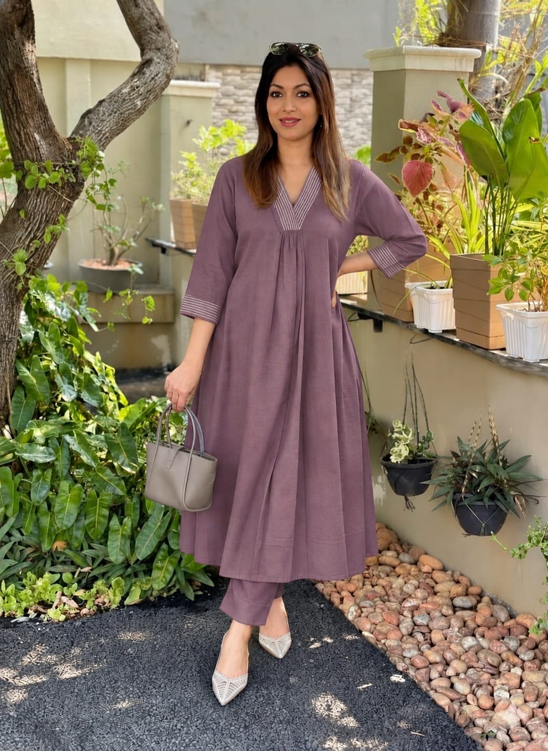 Premium Cotton Flex Anarkali-Style Kurta Pant Co-Ord Set with Tagai Neck Work in Mauve