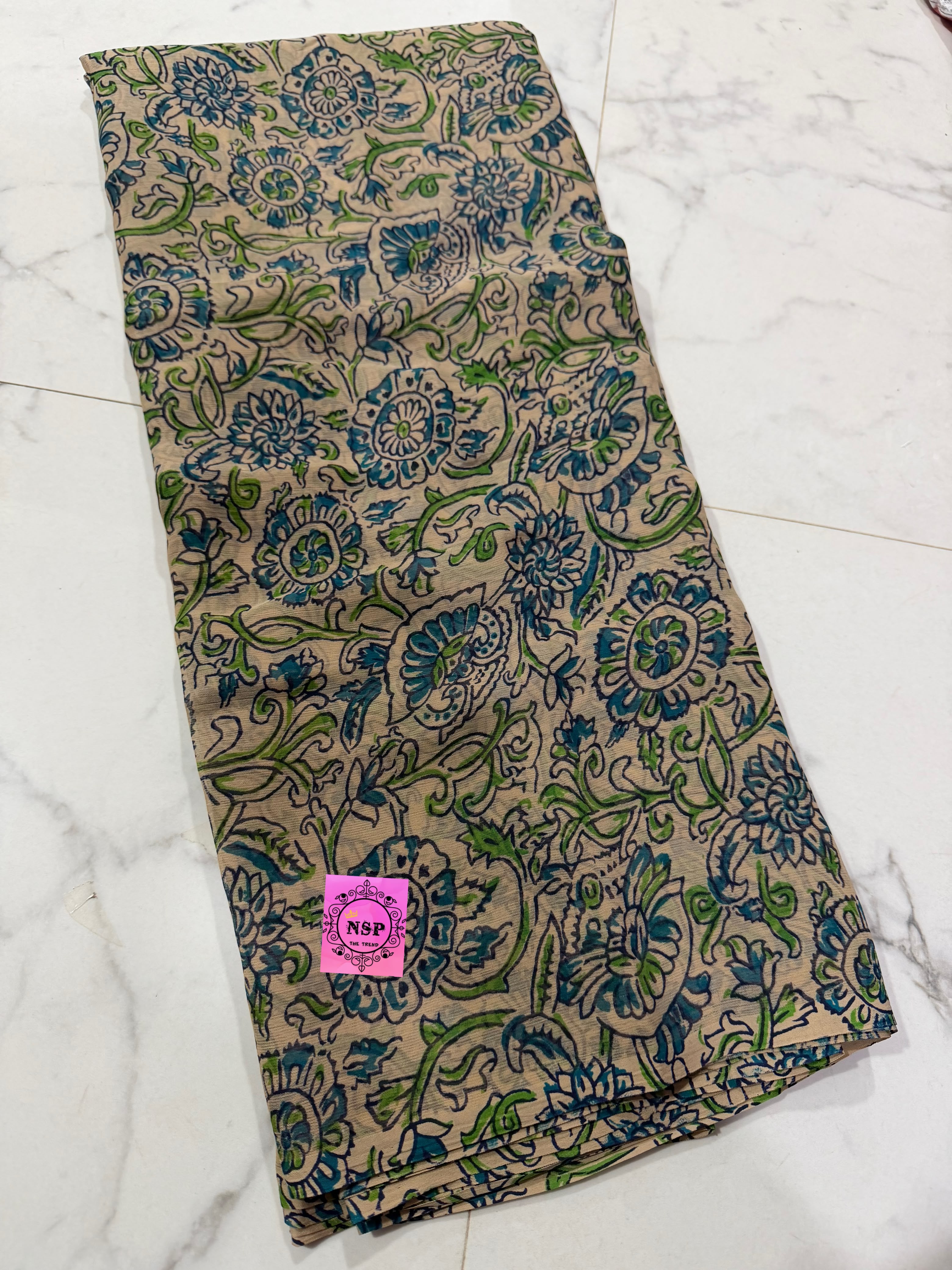 Multicolour Floral & Paisley Printed German Chiffon Saree in Beige