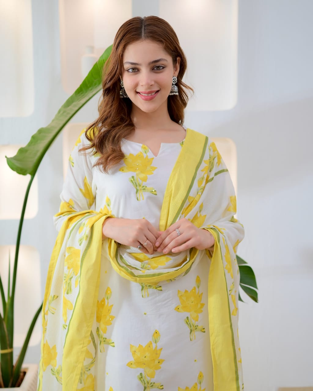 Premium 60.60 Cotton Printed Kurti Pant Set with Printed Dupatta in yellow