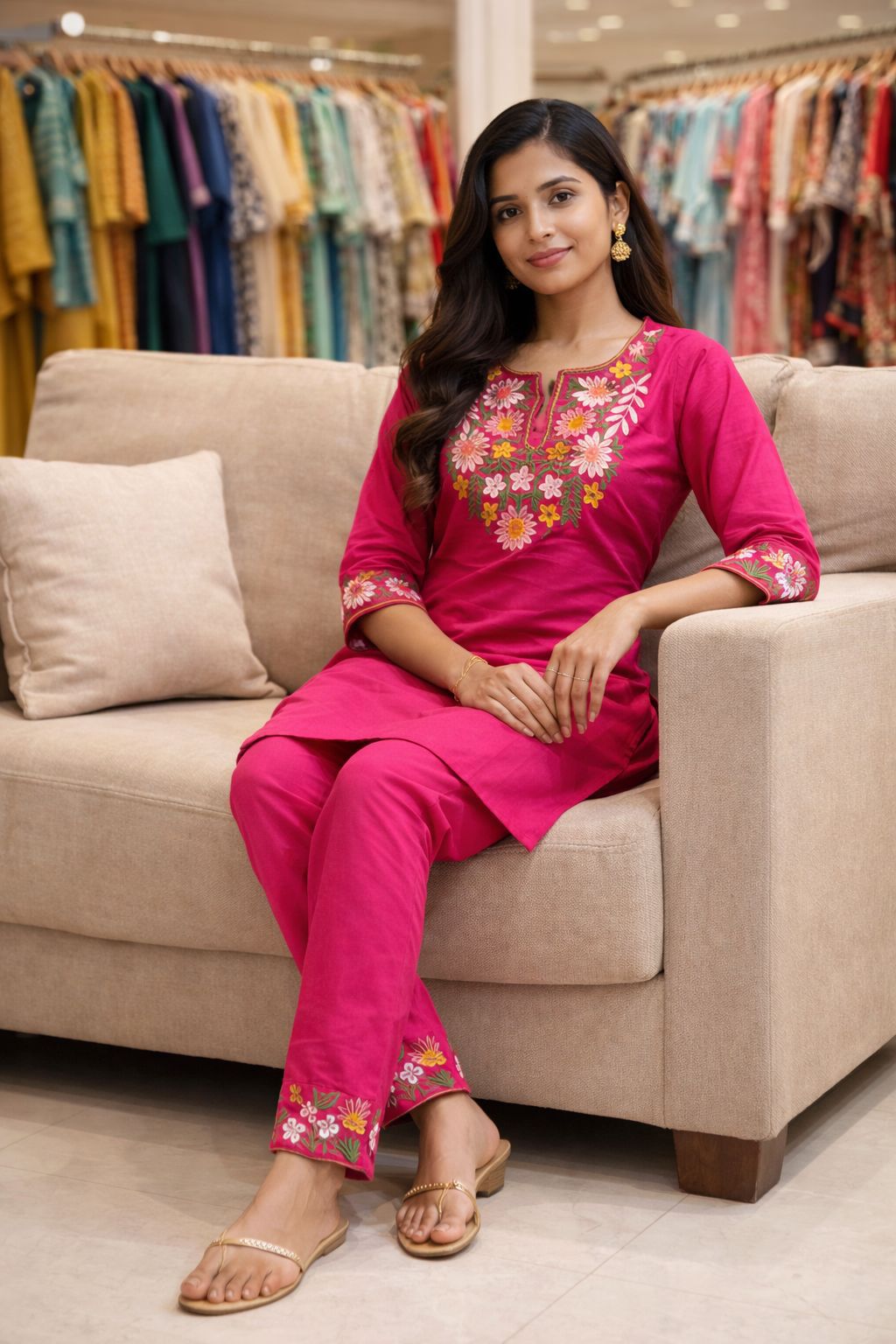 Premium Pure Cotton Embroidered Kurti with Matching Embroidered Cotton Pants – Multiple Colours in Pink