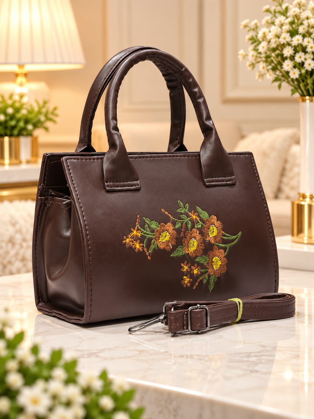 Premium PU Leather Floral Embroidered Hand & Sling Bag in Dark Brown