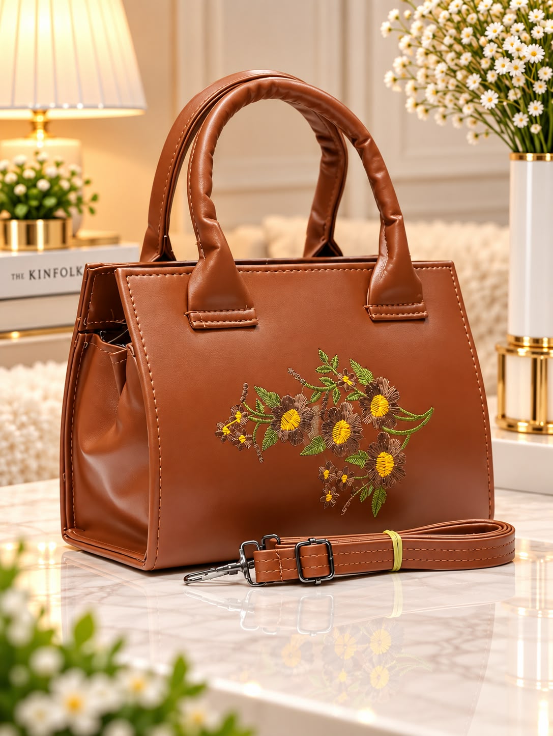 Premium PU Leather Floral Embroidered Hand & Sling Bag in Brown