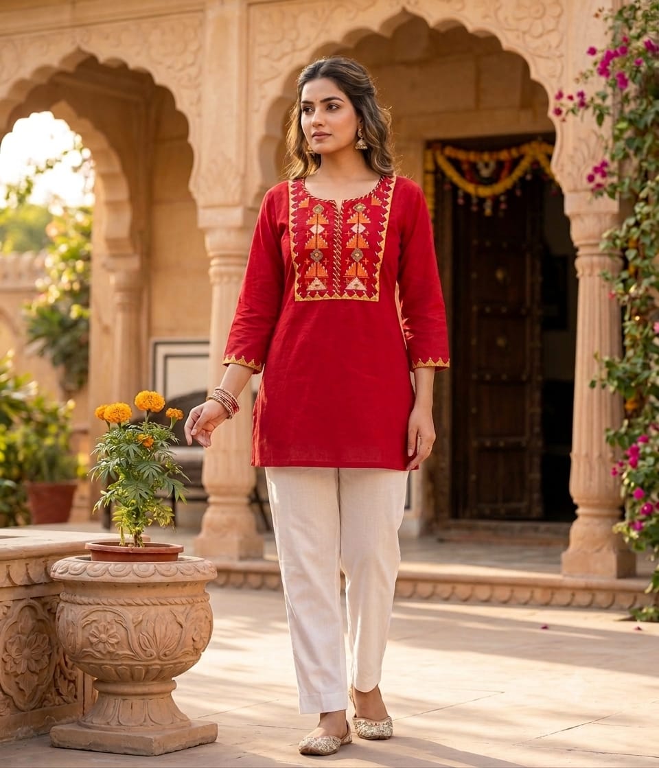 Embroidered Cotton Kurti with Cotton Flex Pants – Available in Red and Black