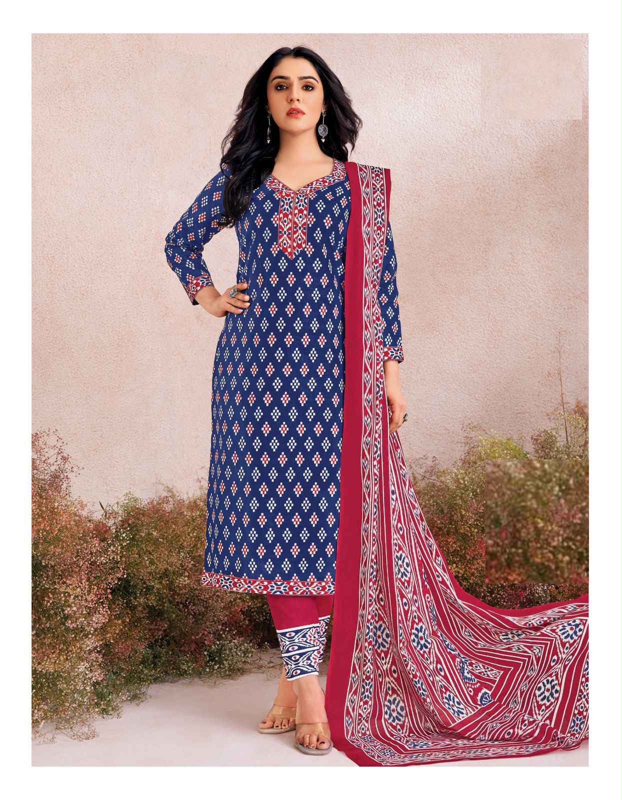 Pure Cotton Printed Dress Material Set – Navy Blue & Wine Traditional Print — Navy blue