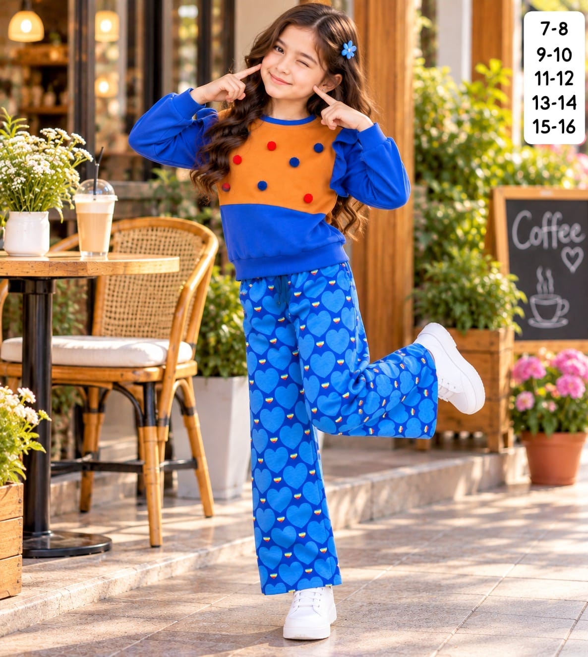 Girls Fancy Full Sleeve Sweatshirt and Printed Palazzo Pant Set in Blue