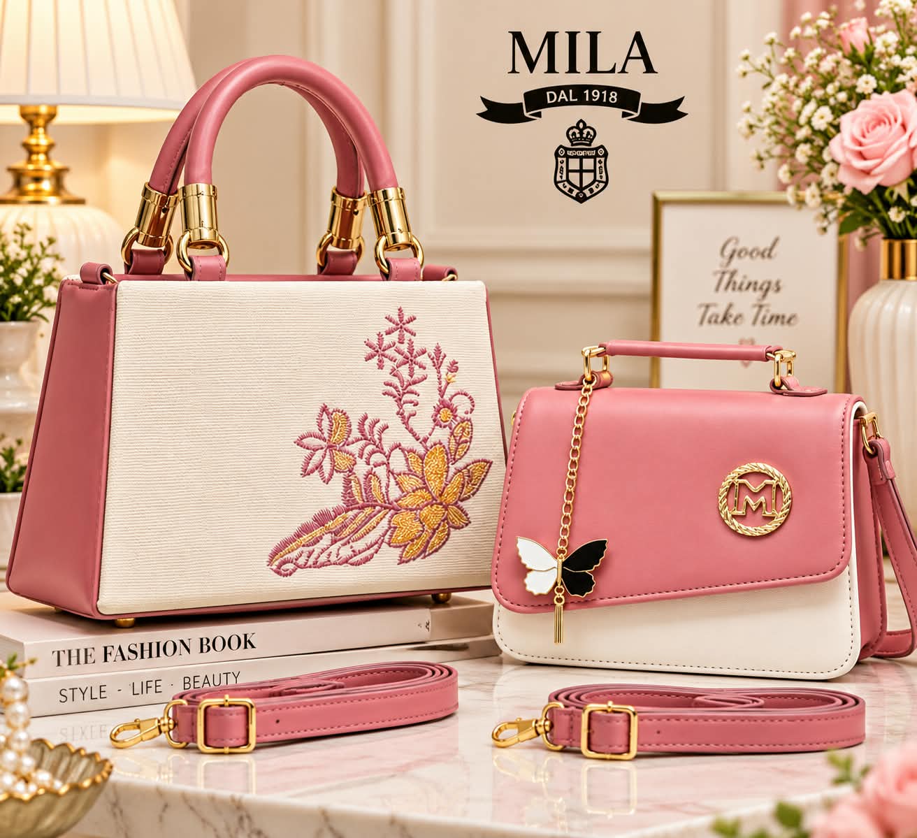 2-Piece Women's Handbag and Crossbody Sling Bag Combo Set in Pink