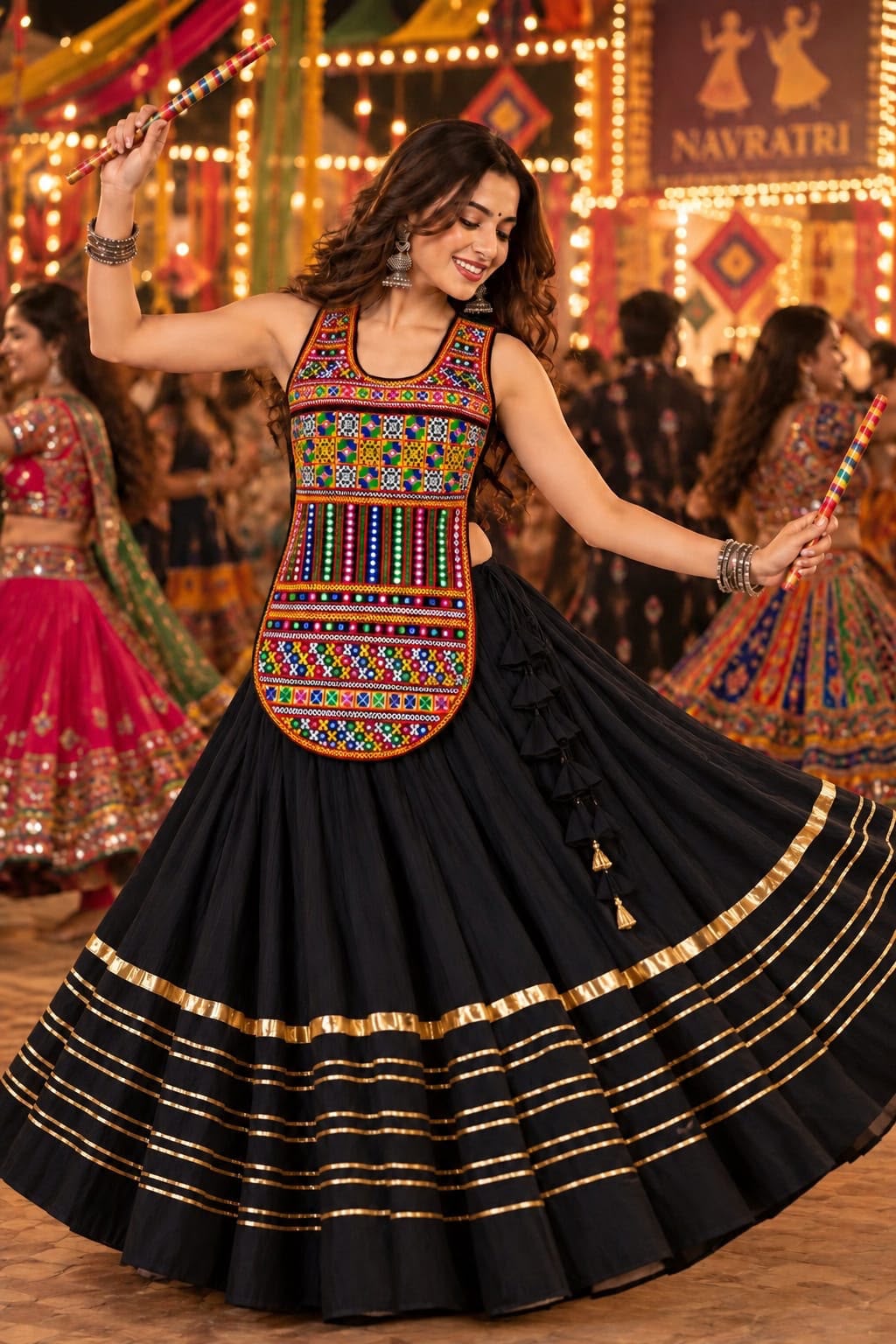 Reyon Cotton Heavy Lace Chaniya Choli with Multicolour Embroidered Blouse in Black